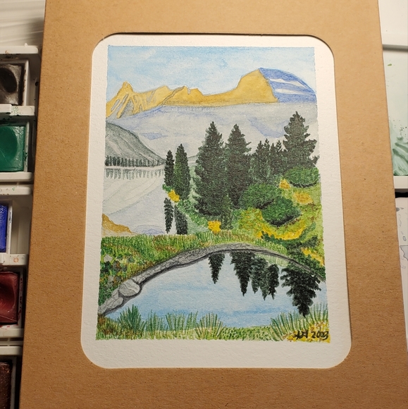 Hand Crafted Other - Hand painted Watercolor Landscape Painting in a 6x4 Cardboard Photo Frame